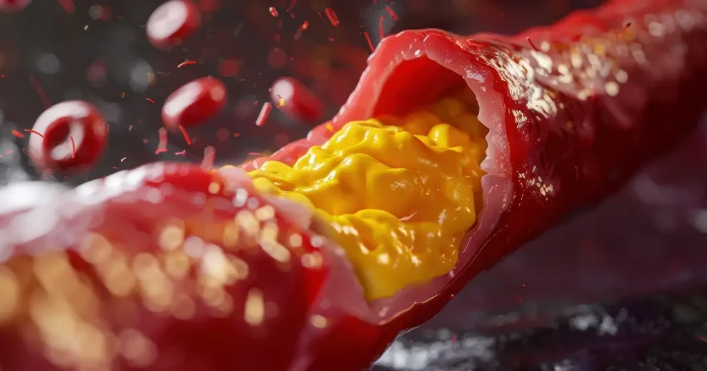 3D medical illustration of a cross-section of an artery blocked by yellow cholesterol plaque buildup with red blood cells flowing around it, representing unhealthy cholesterol ratios and atherosclerosis