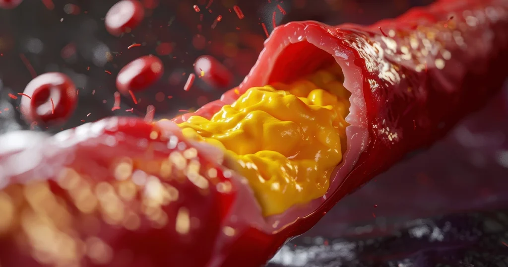 3D medical illustration of a cross-section of an artery blocked by yellow cholesterol plaque buildup with red blood cells flowing around it, representing unhealthy cholesterol ratios and atherosclerosis