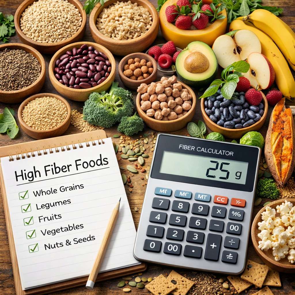 High fiber foods including whole grains, legumes, fruits, vegetables, and a fiber calculator to track fiber intake.