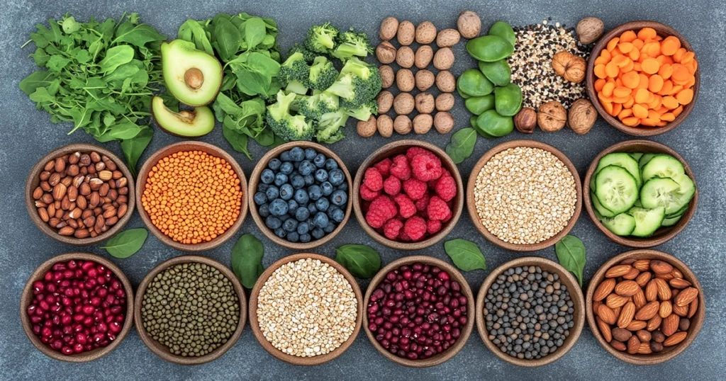Top view of a variety of high fiber foods in wooden bowls including blueberries, raspberries, almonds, lentils, quinoa, mung beans, broccoli, avocado, and leafy greens on a gray stone background