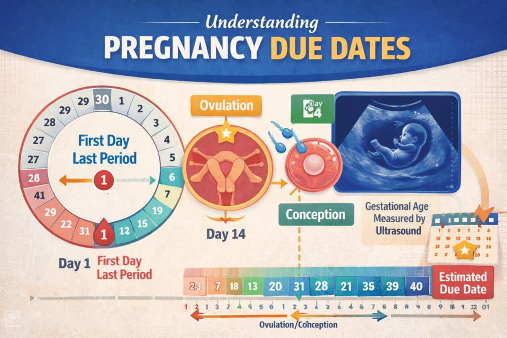 Pregnancy Due Date Calculation Flowchart showing menstrual cycle and ovulation