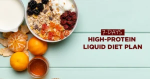 op view of a healthy breakfast bowl with muesli, yogurt, dried fruits, blackberries, fresh mandarins, and honey on a mint green wooden table – 7-Day High-Protein Liquid Diet Plan