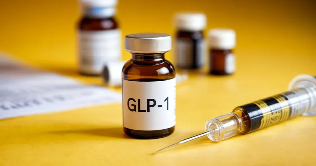 Woman using GLP-1 injection pen in abdomen for weight loss, demonstrating self-administration of GLP-1 medications