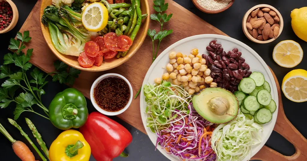 How much fiber per day spread with chickpeas, kidney beans, avocado, vegetables, almonds and seeds on a wooden board