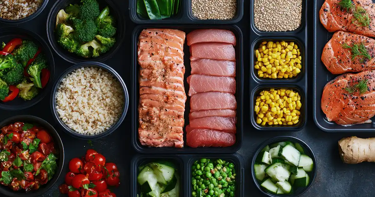 What are macros in a diet shown through balanced meal prep with protein sources, complex carbs, and colorful vegetables