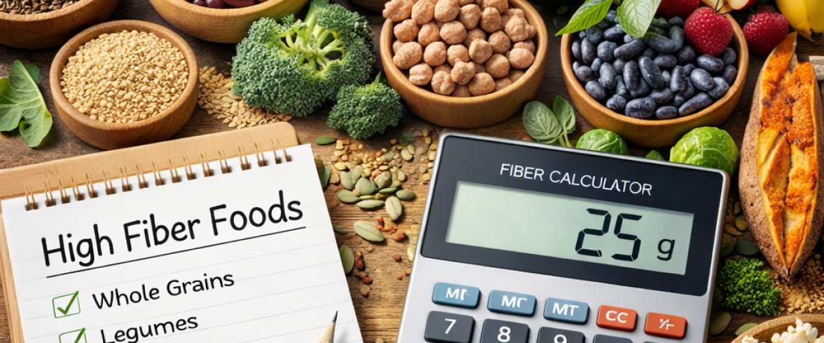 High fiber foods including whole grains, legumes, fruits, vegetables, and a fiber calculator to track fiber intake.