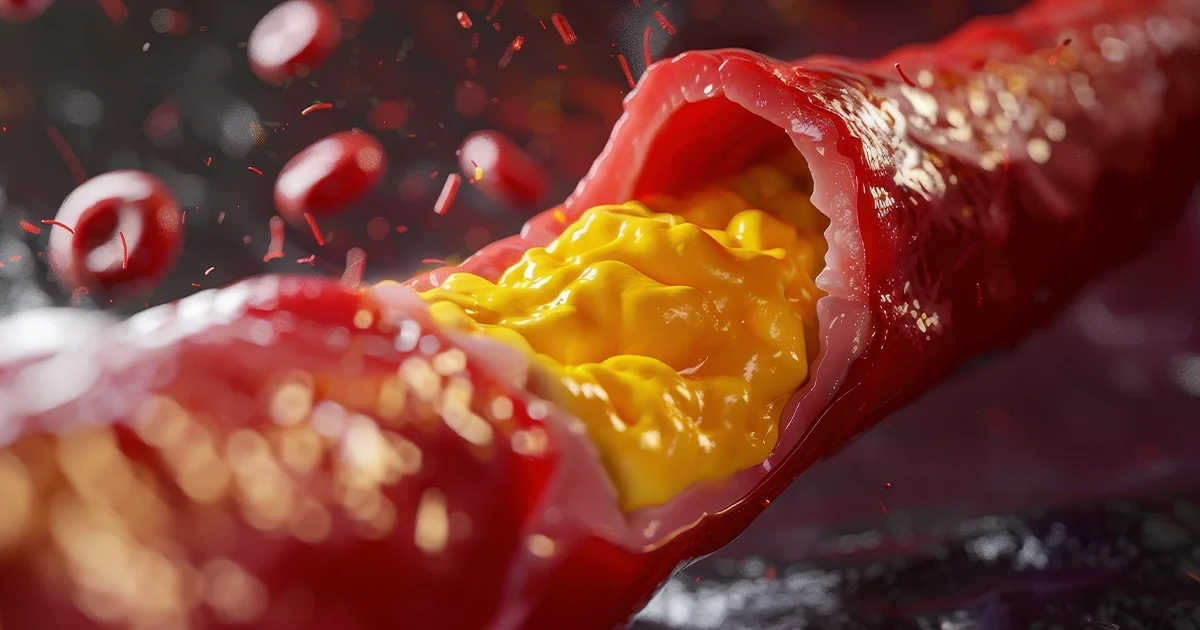 3D medical illustration of a cross-section of an artery blocked by yellow cholesterol plaque buildup with red blood cells flowing around it, representing unhealthy cholesterol ratios and atherosclerosis