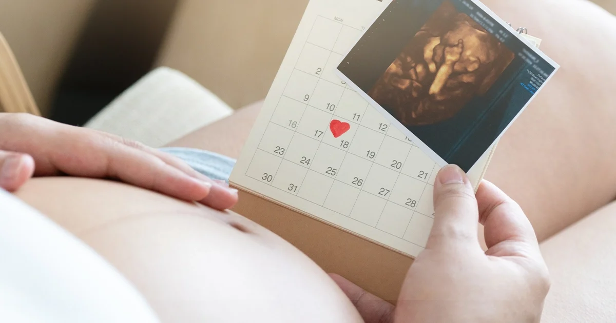 Pregnant woman holding a calendar with a red heart marking the due date alongside a baby ultrasound scan image, representing factors that affect pregnancy due date accuracy